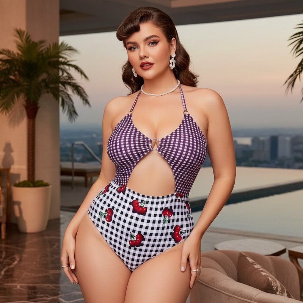 SEXY PLUS GINGHAM RETRO PINUP CHERRY PRINT HALTER CUT OUT 1 PC SWIMSUIT